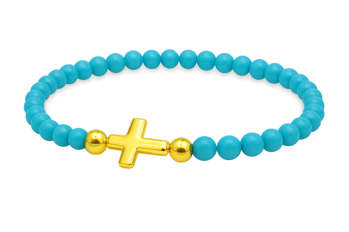 Cross Puff Charm on Elastic Gemstone Bracelet