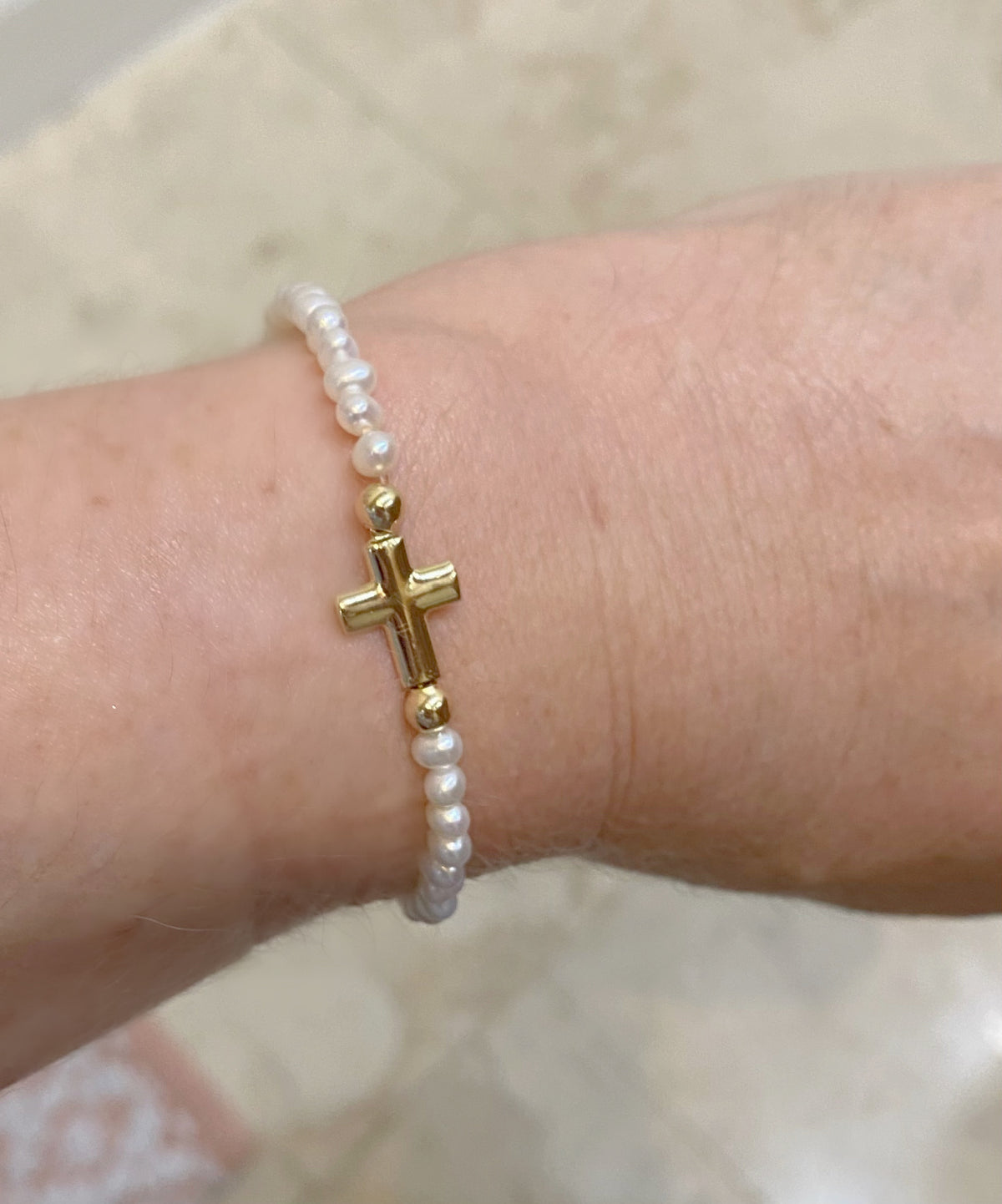 Cross Puff Charm on Elastic Gemstone Bracelet