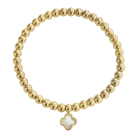 Dainty Mother of Pearl Clover Gold-Filled Bead Elastic Bracelet