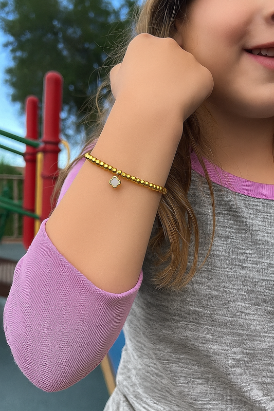 Dainty Mother of Pearl Clover Gold-Filled Bead Elastic Bracelet