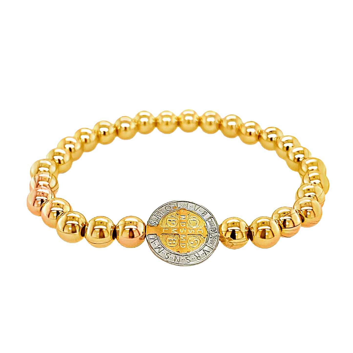 Saint Benedict Medal Gold Filled Bead Elastic Bracelet (14MM)