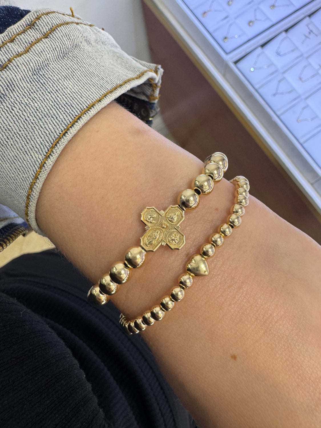 Mini Puff Heart Charm Elastic Gold Filled Bracelet