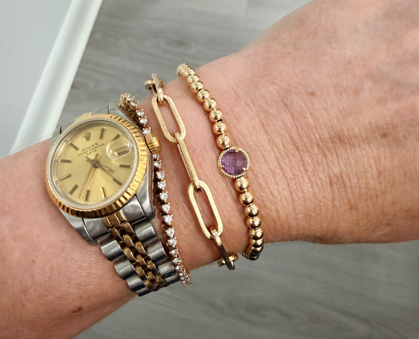 Beaded Elastic Bracelet with Amethyst or Blue Topaz Center