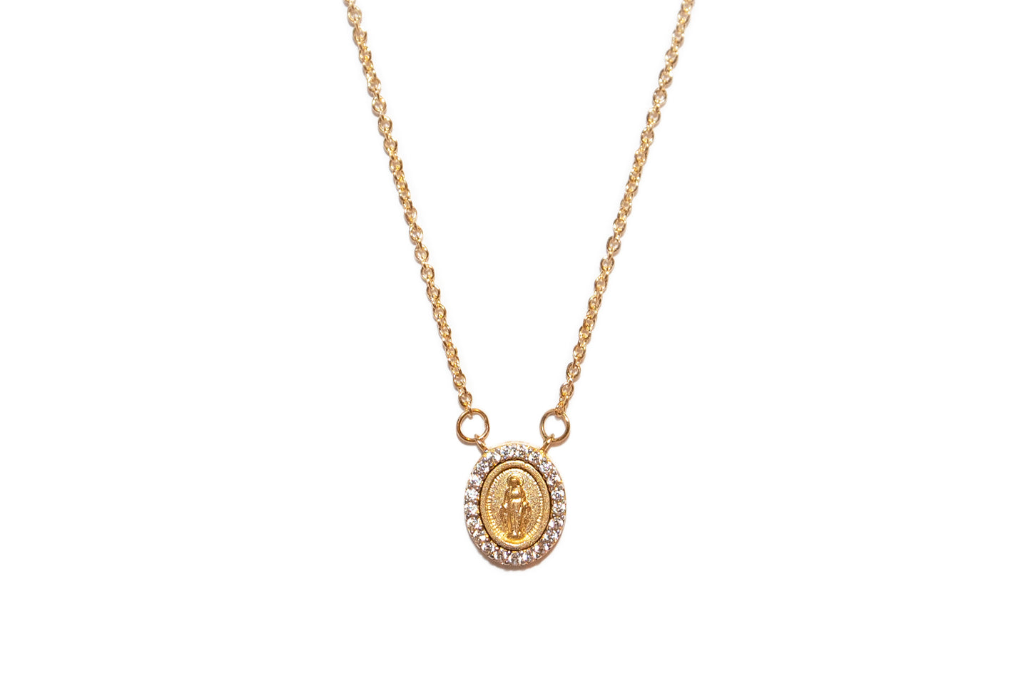 14K Gold Miniature Guadalupe/Miraculous Medal with CZ Necklace