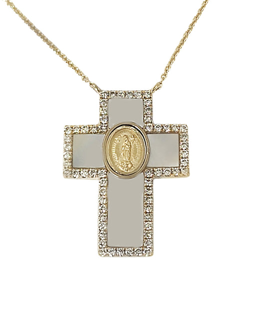 Mother of Pearl Miraculous/Guadalupe Medal Diamond Cross Necklace