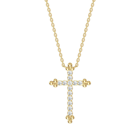14K Gold Petite Natural Diamond Budded Cross Necklace – 0.12 CTW