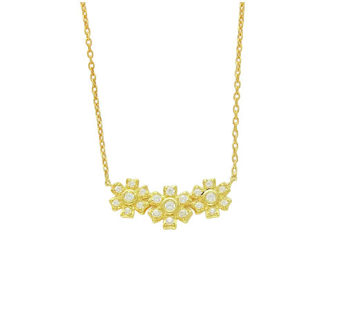 14K Gold three miniature diamond flower necklace