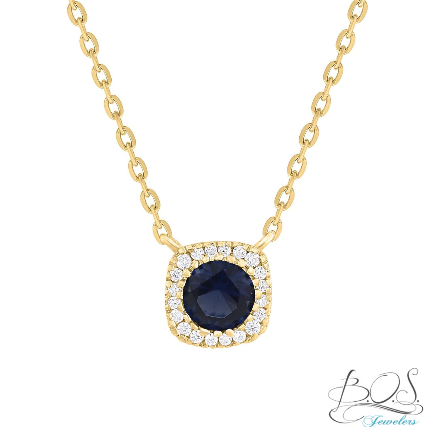 Diamond Cushion Shape Necklace with Ruby, Blue Sapphire or Emerald 14K Gold