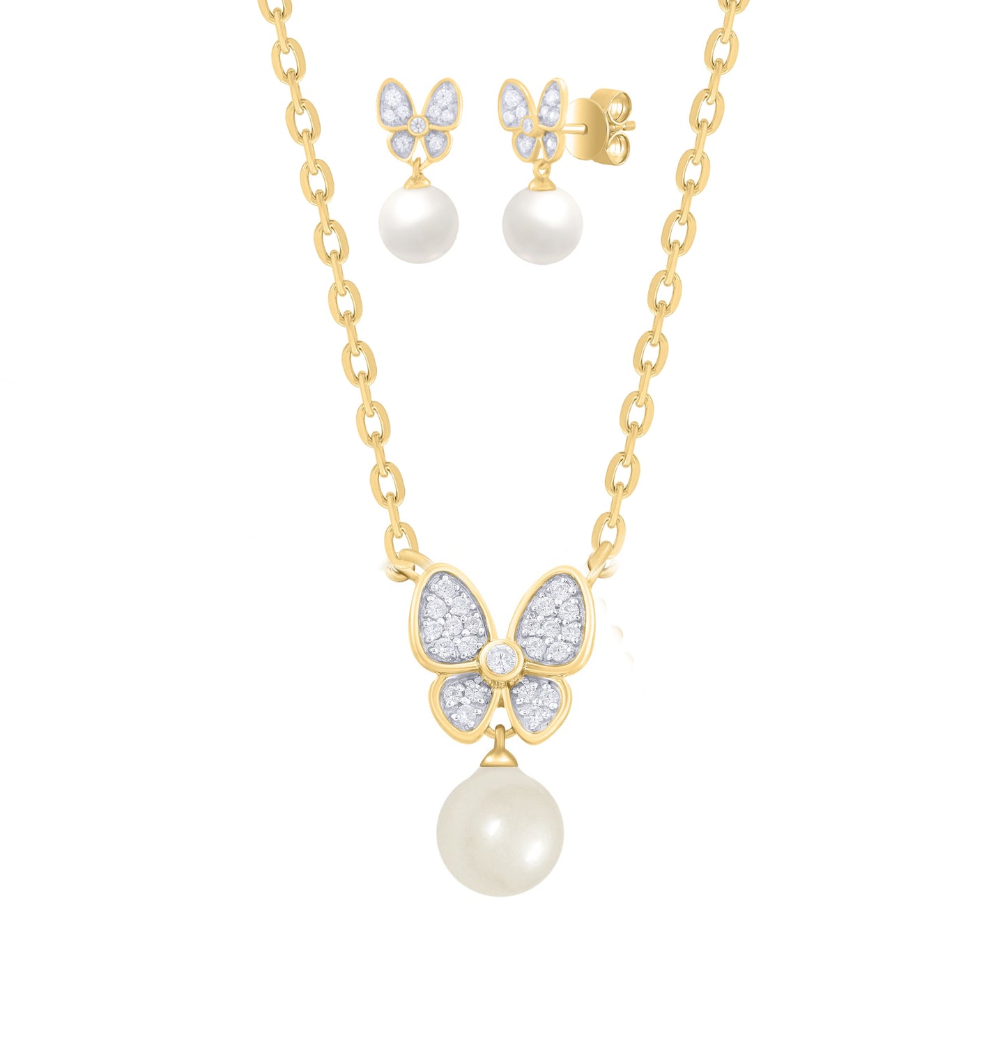 14K Gold Diamond Butterfly Pearl Dangle Earrings and Necklace Gift Set