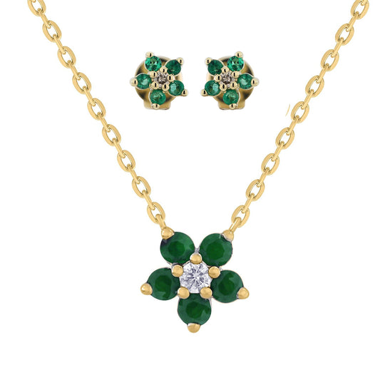 Dainty Flower Emerald And Diamond Earrings and Necklace Gift Set