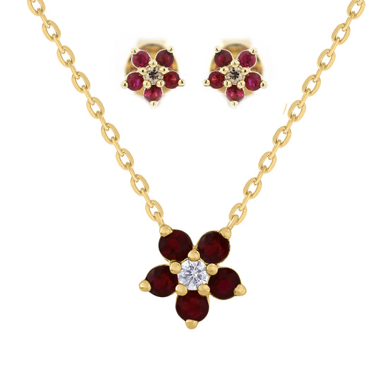 Dainty Flower Ruby And Diamond Earrings and Necklace Gift Set