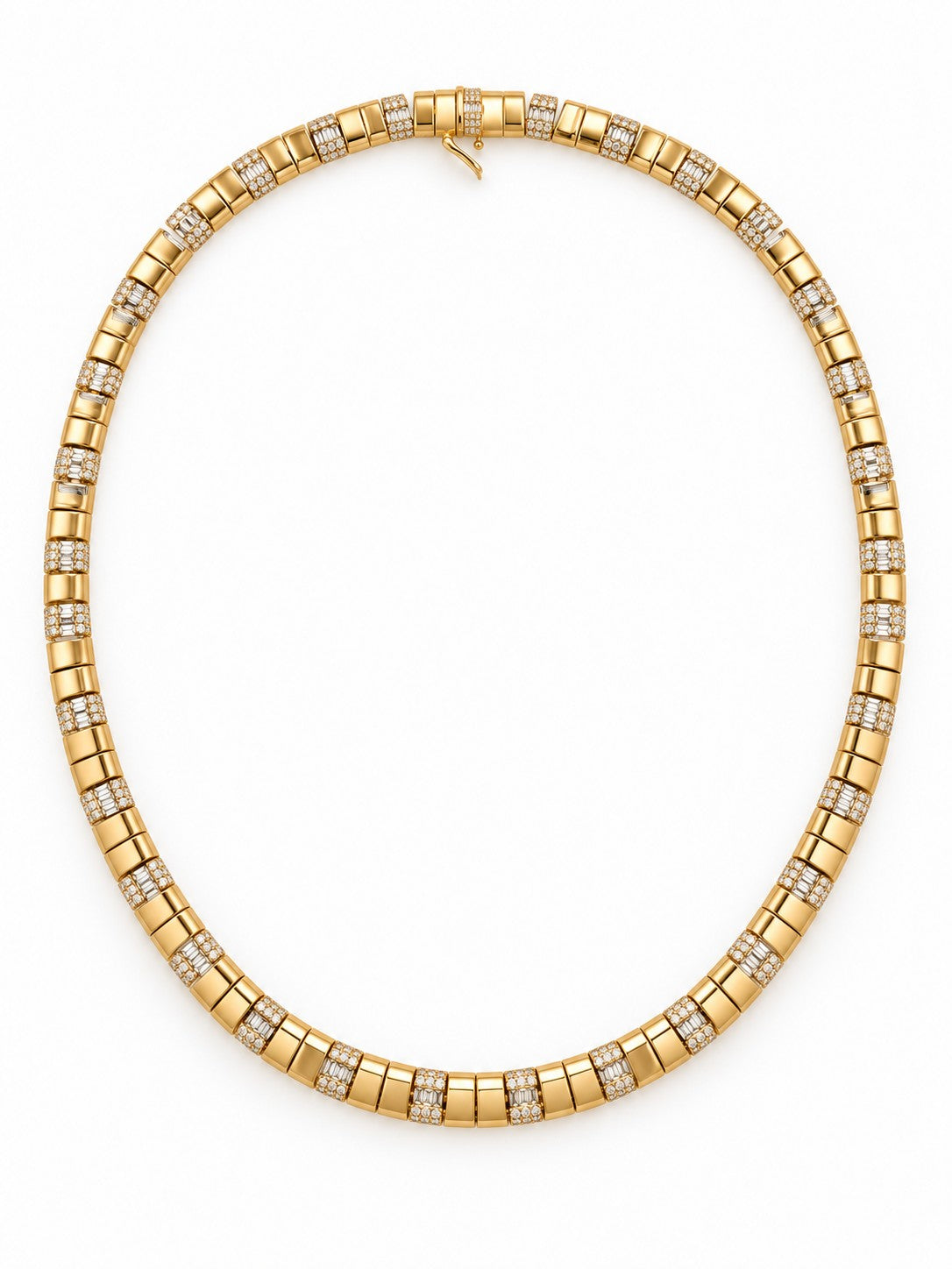 A yellow gold modern contemporary tennis necklace featuring rows of small Baguette and round cut Diamond stones set between larger polished gold rectangular links, displayed on a clean white background.