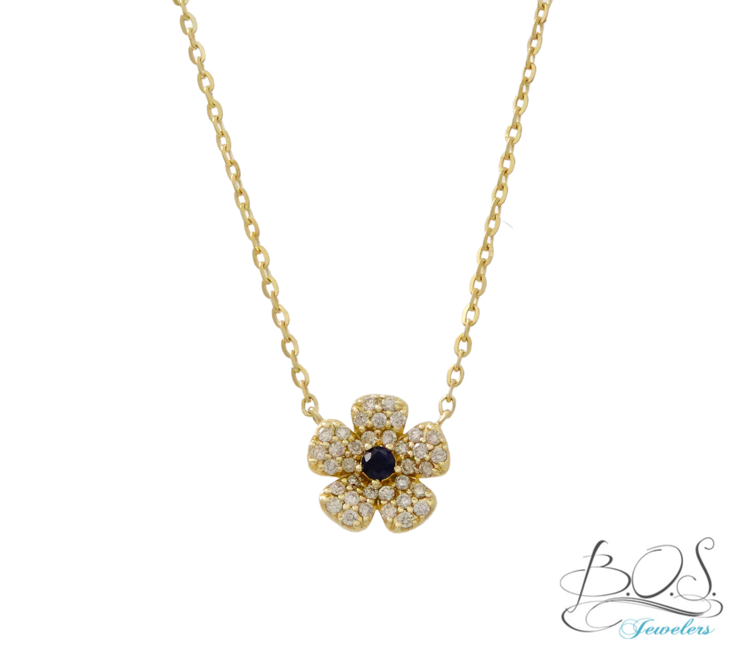 14K Gold Diamond Flower with Color Stone in the center
