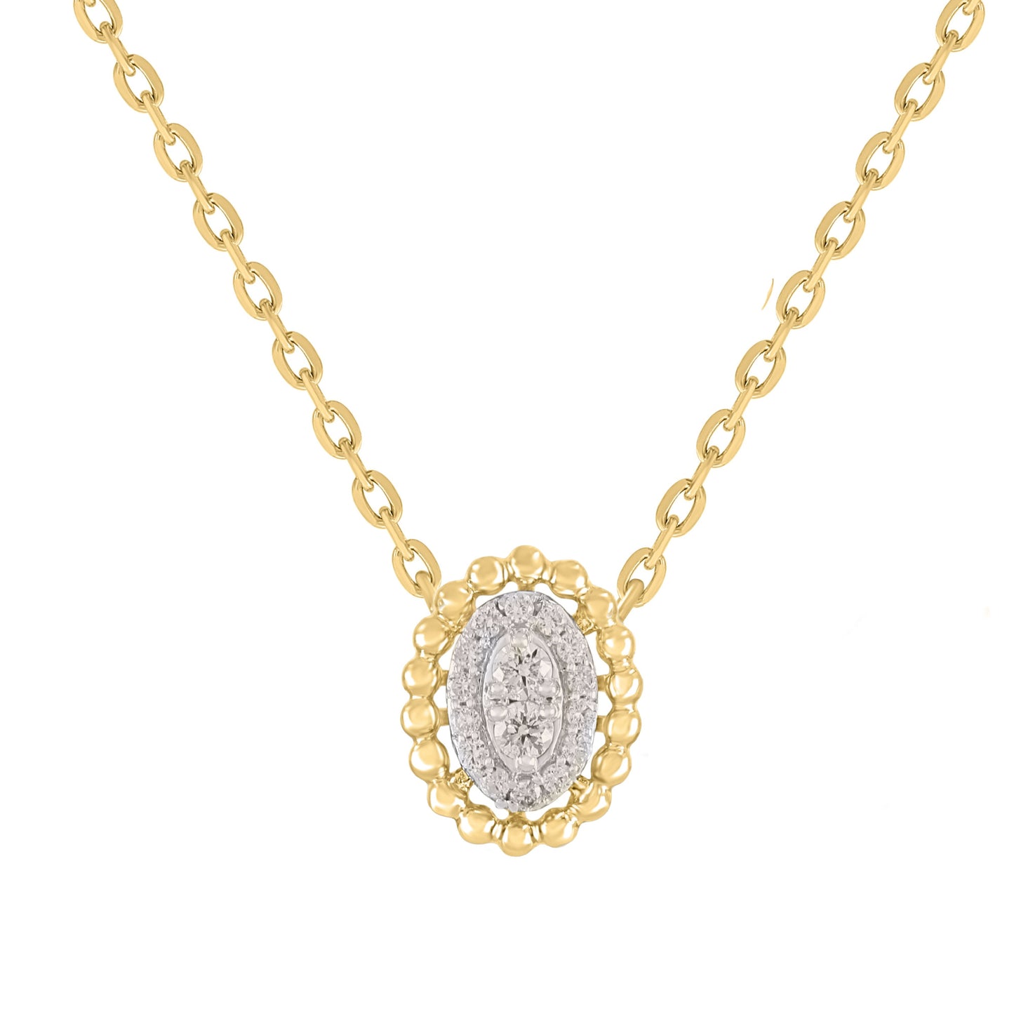 14K Gold Oval Beaded Border with Diamond Cluster Necklace