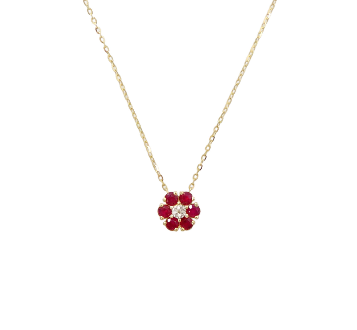 14K Gold Color Stone Flower Necklace with Center Diamond Illusion