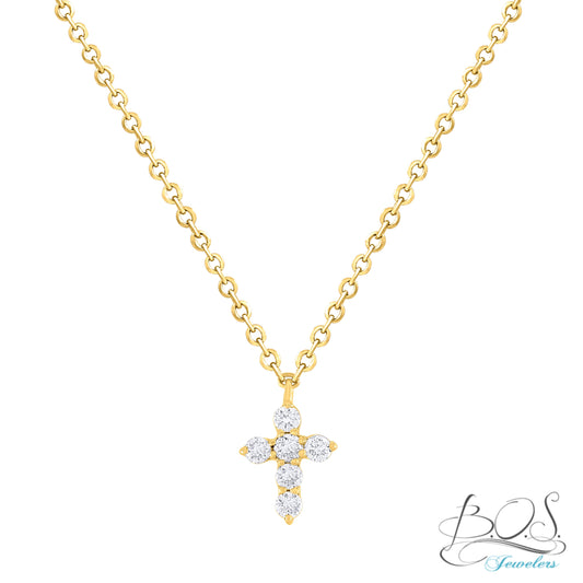 Mini-Miniature Diamond Cross Necklace 14K Gold