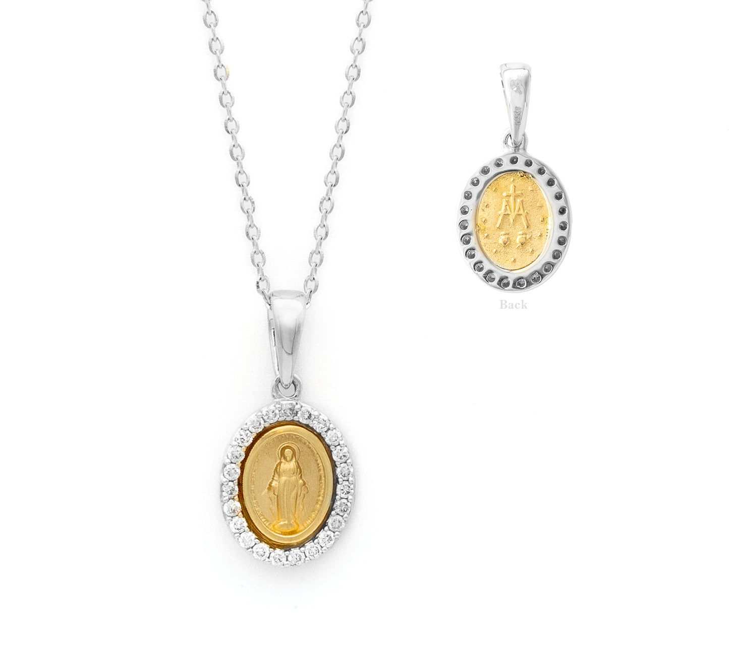 Miniature Diamond Guadalupe/Miraculous Medal Necklace