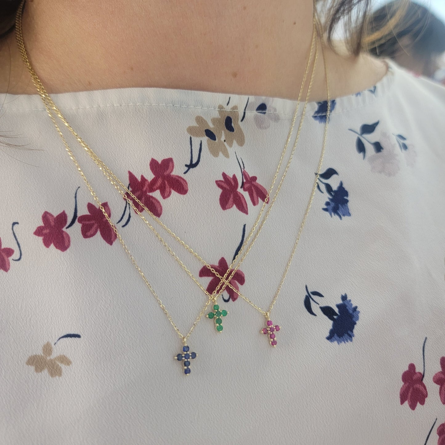 Color Stone Gemstone Miniature Cross Necklace