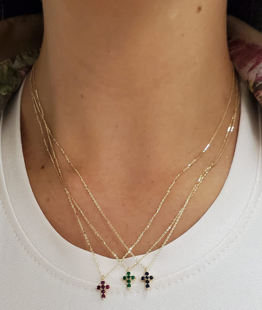 Color Stone Gemstone Miniature Cross Necklace
