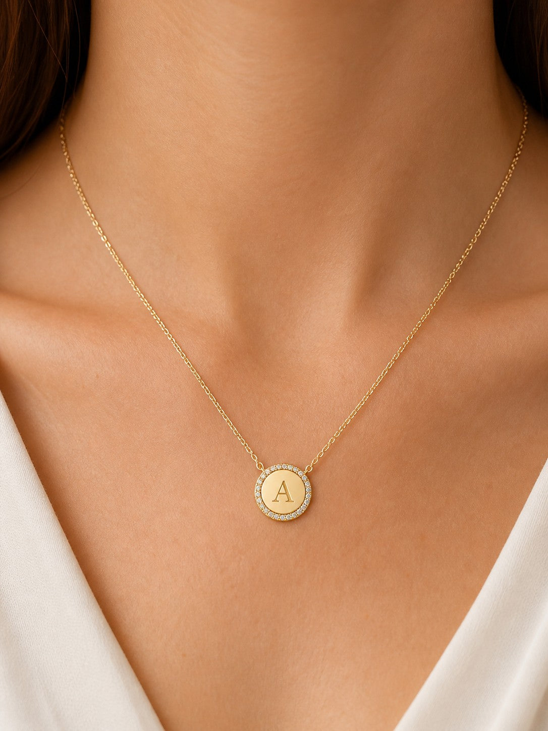 14K Gold Diamond Engravable Disc Pendant Necklace