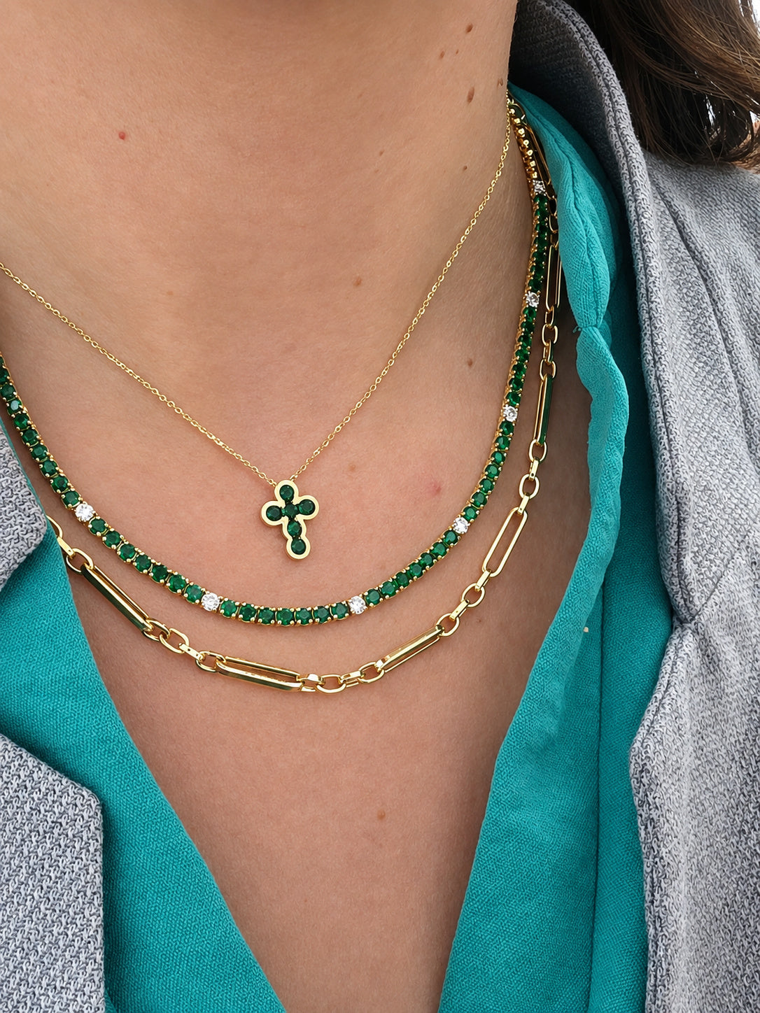 14K Yellow Gold Natural Gemstone Bezel Cross Necklace – 0.60 CTW