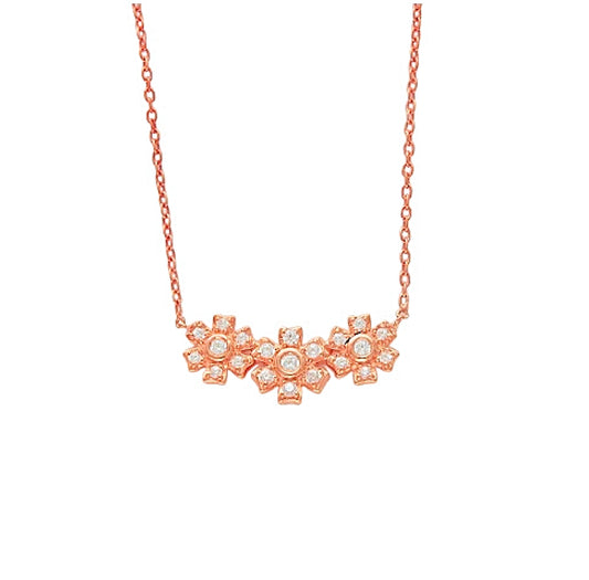 14K Gold three miniature diamond flower necklace