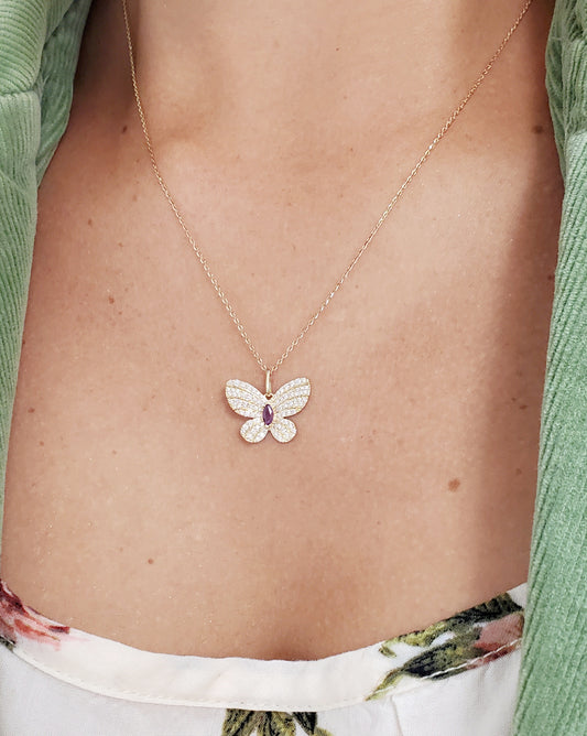 Whimsy in Flight- Large Pave Diamond and Marquise Color Stone Butterfly Pendant Necklace