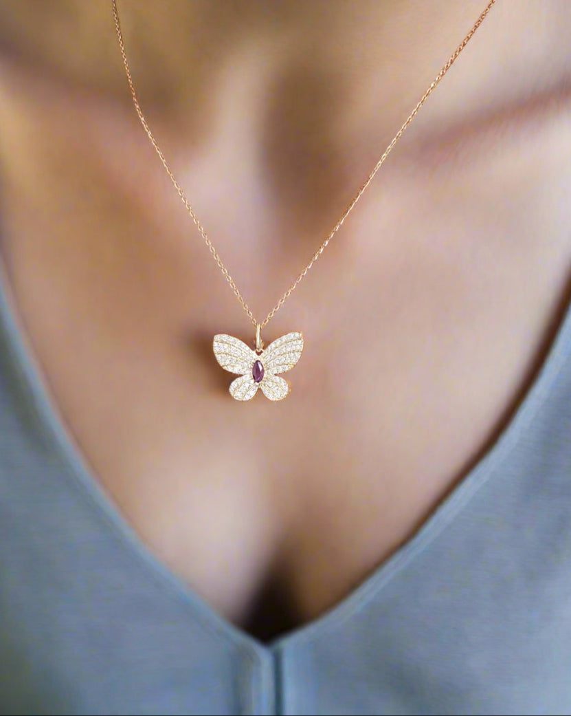 Whimsy in Flight- Large Pave Diamond and Marquise Color Stone Butterfly Pendant Necklace