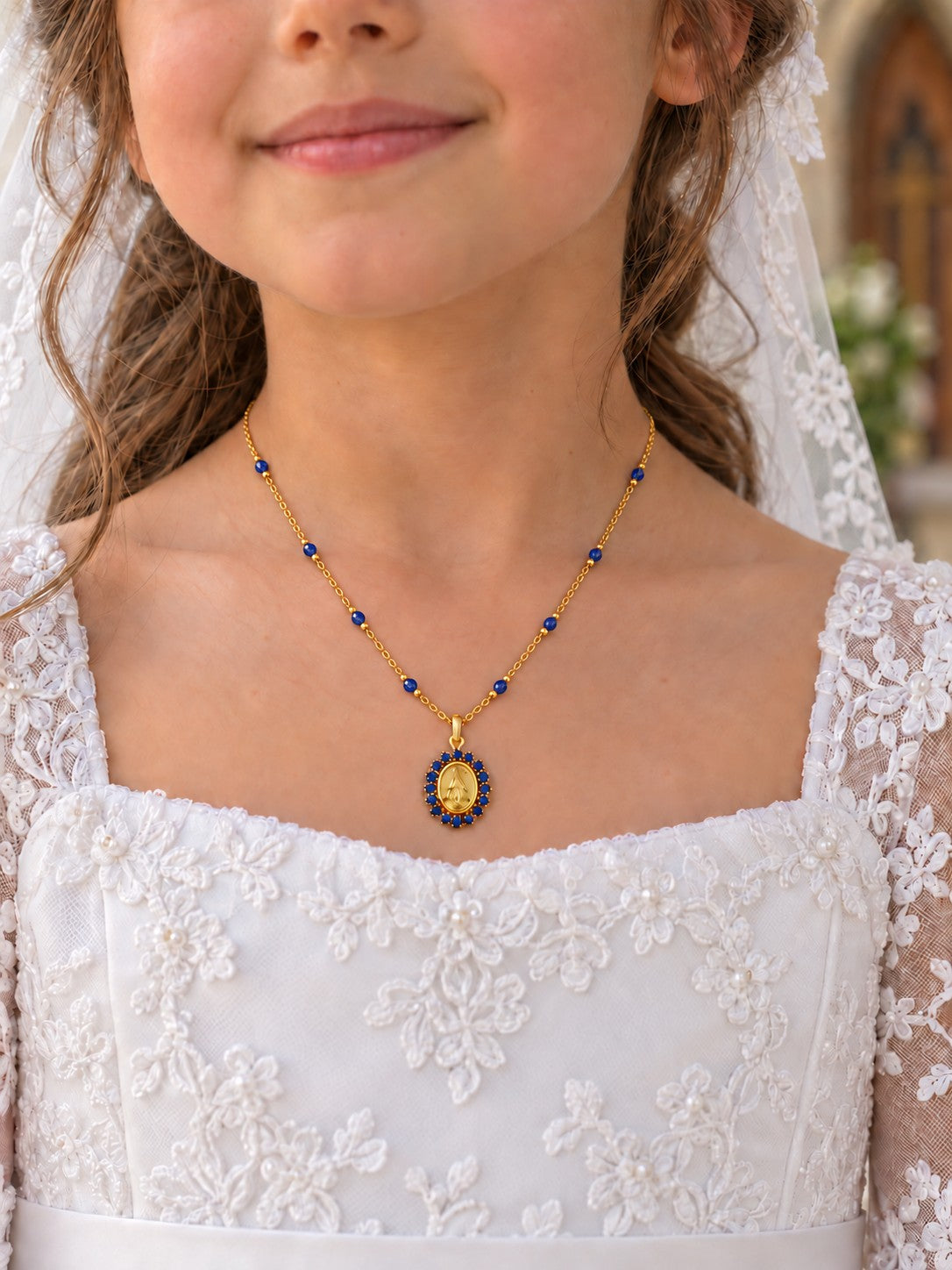 14K Gold Gemstone Miraculous Medal & Agate Station Necklace