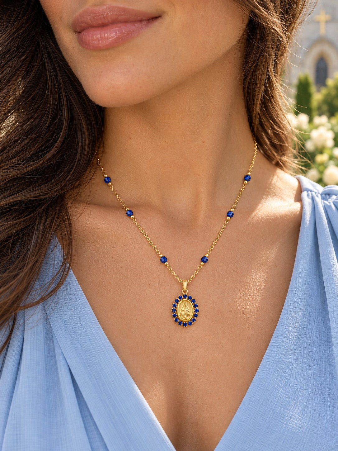 14K Gold Gemstone Miraculous Medal & Agate Station Necklace