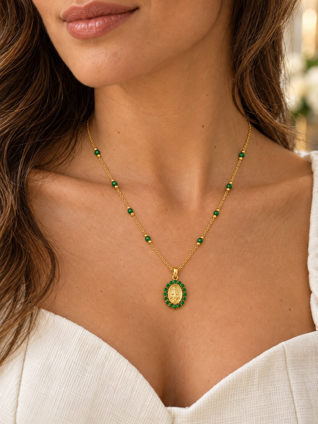 14K Gold Gemstone Miraculous Medal & Agate Station Necklace