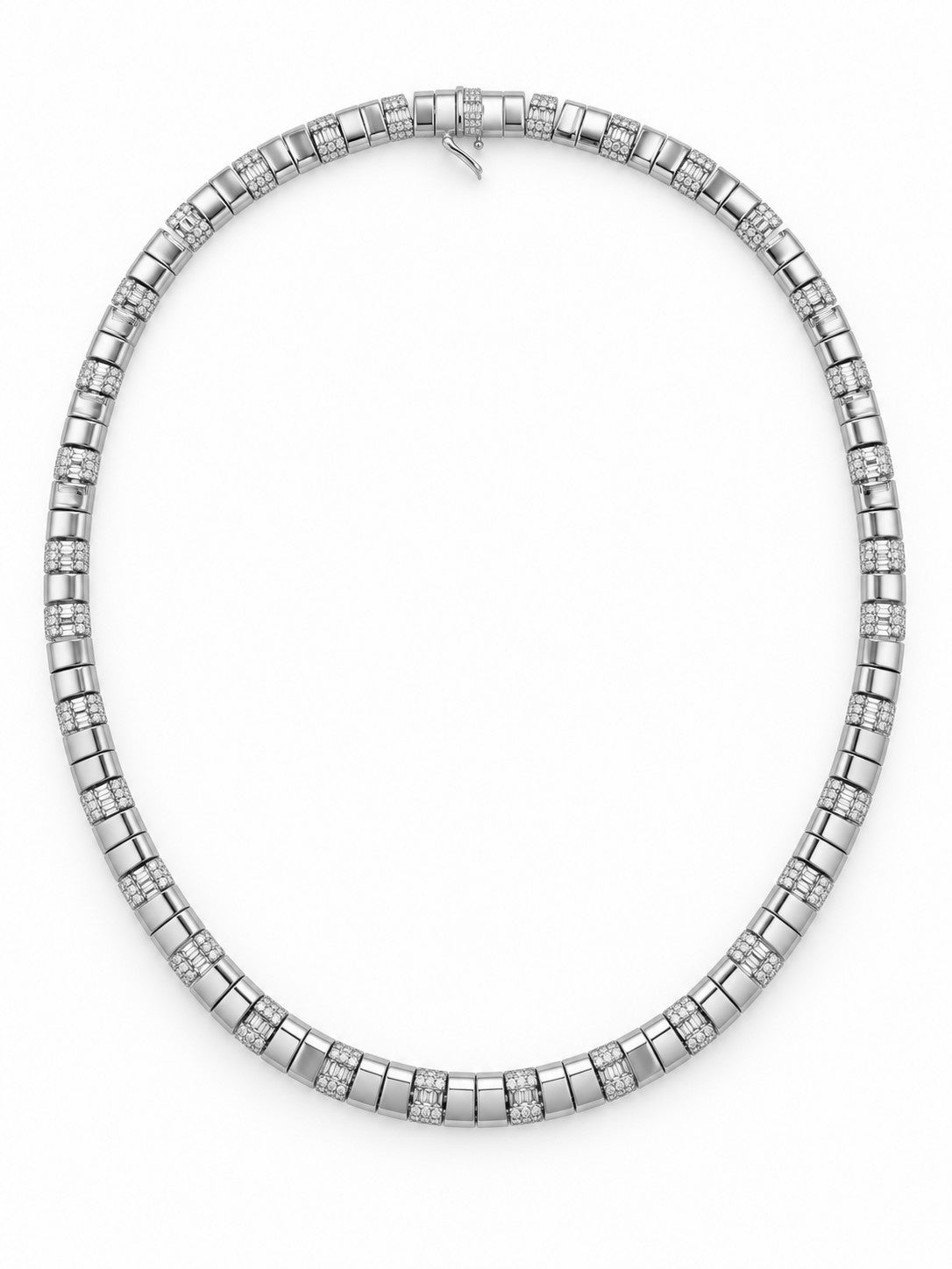 A white gold modern contemporary tennis necklace featuring rows of small Baguette and round cut Diamond stones set between larger polished gold rectangular links, displayed on a clean white background.