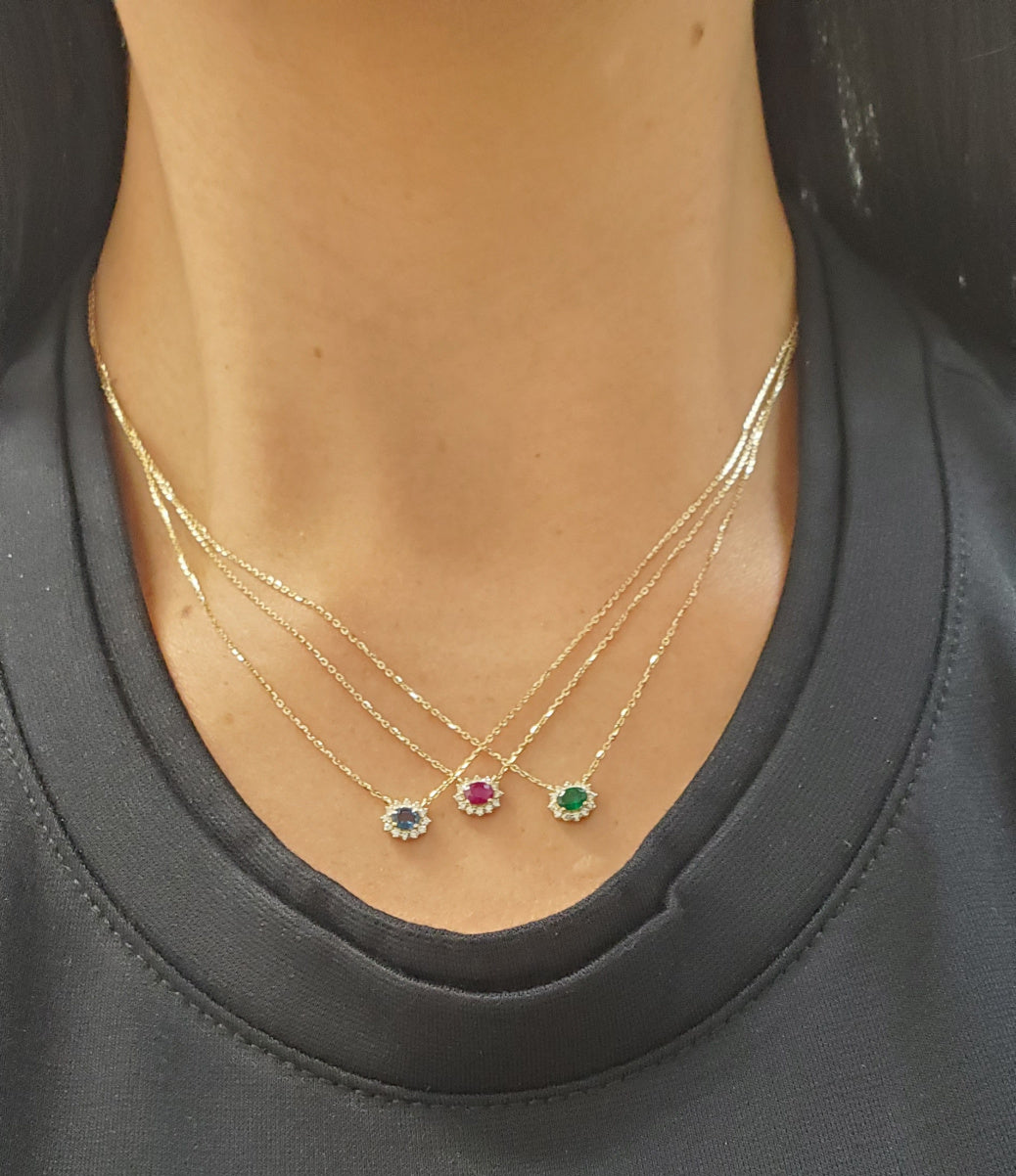 Miniature Oval Color Stone with Diamond Halo Necklace-East-West
