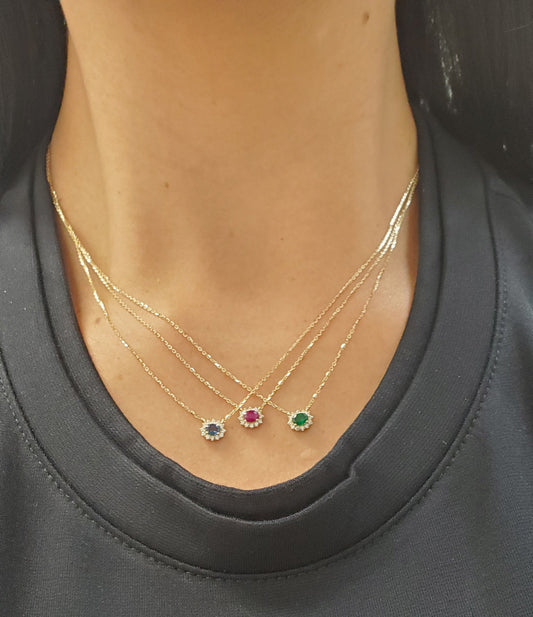 Miniature Oval Color Stone with Diamond Halo Necklace-East-West