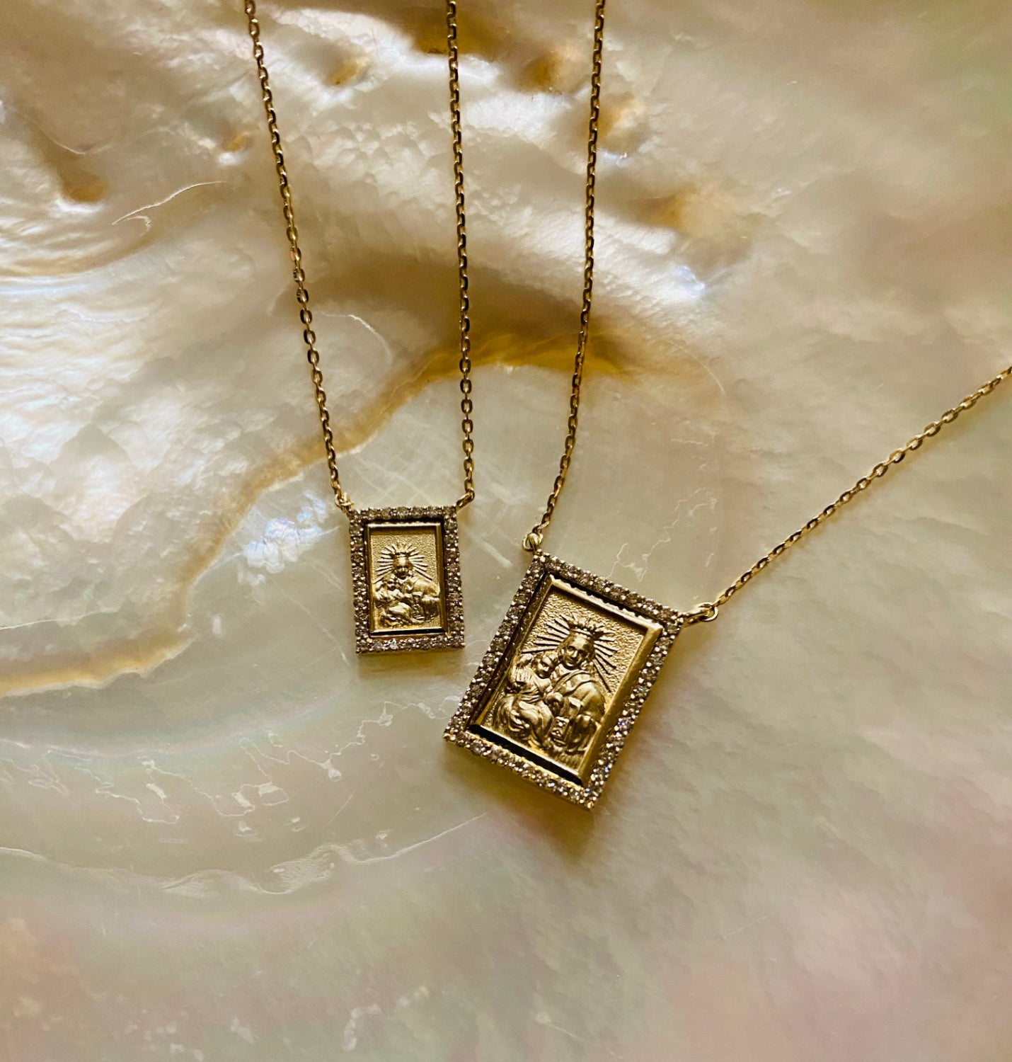 Small Diamond Scapular Medal Necklace