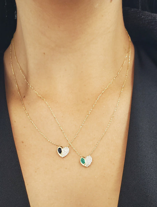 Pear Shape Color Stone Diamond Pave Heart Necklace 14K Gold