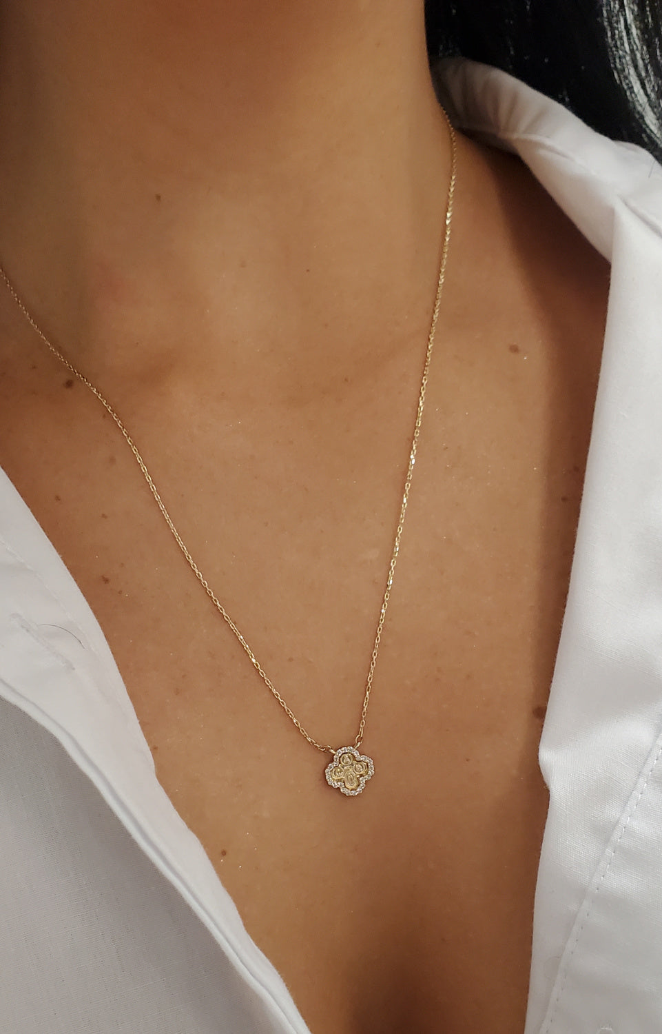 Mini Diamond Four Way Medal Cross Necklace