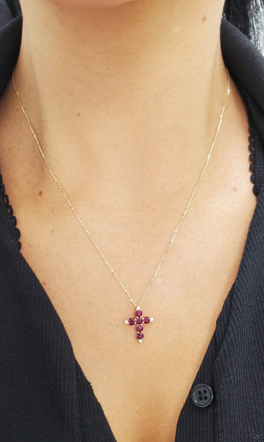 Color Stone and Diamond Cross Necklace
