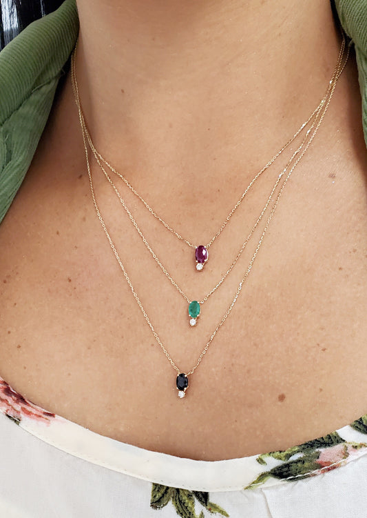 Classic Single Oval Color Stone And Diamond Accent Necklace