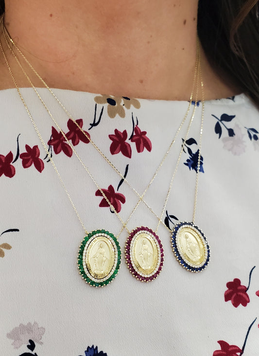 Large Miraculous Medal with Double Halo of Color Stones and Diamonds Necklace