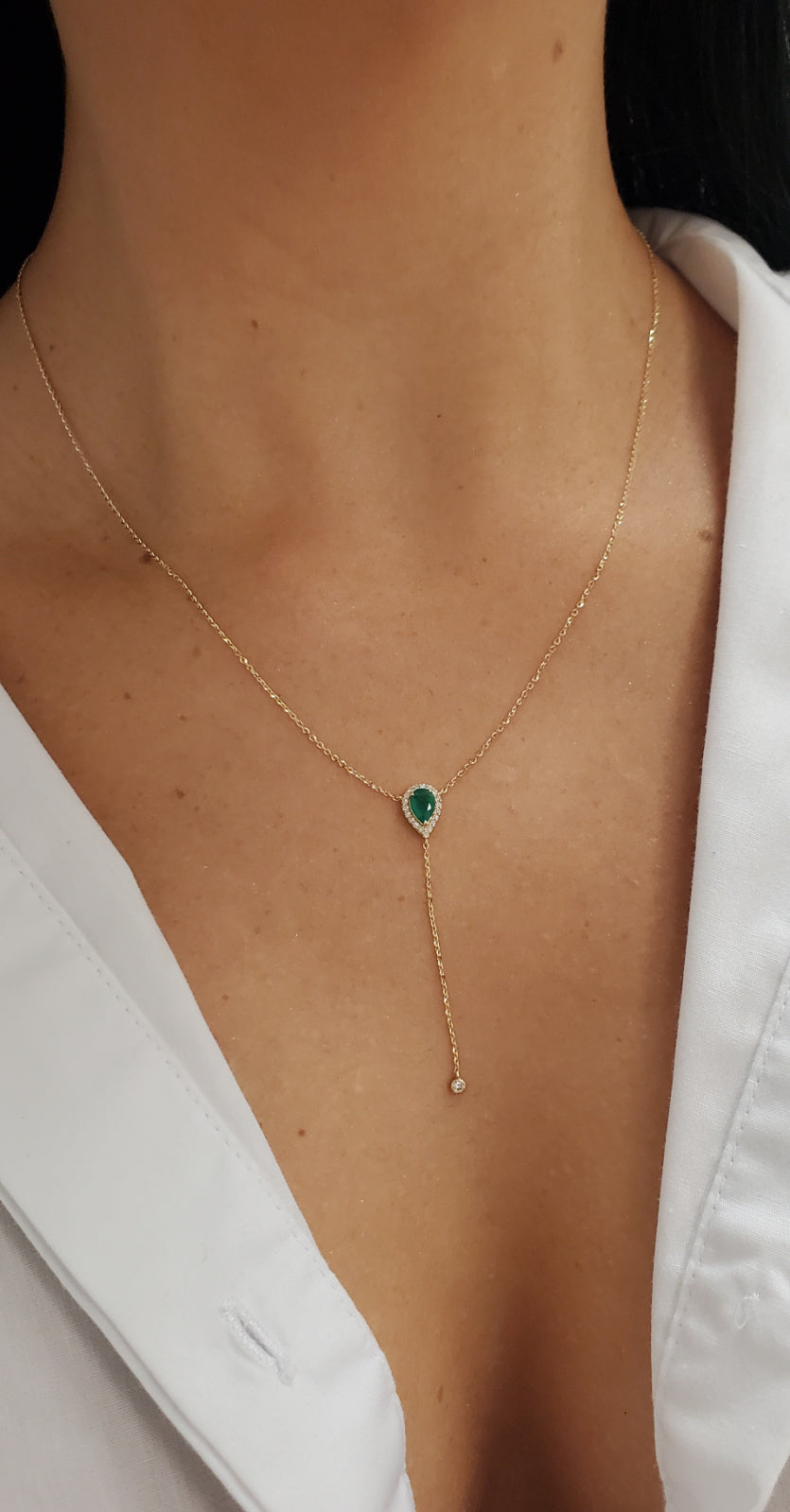 Diamond Halo Pear-Shaped Color Stone Lariat Necklace