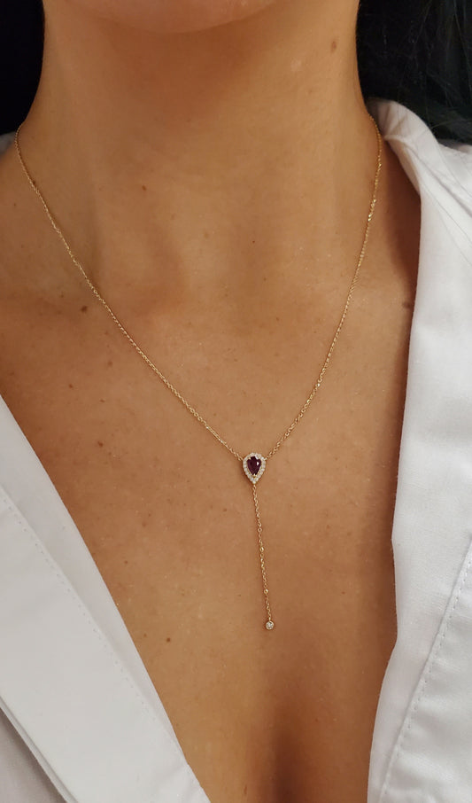 Diamond Halo Pear-Shaped Color Stone Lariat Necklace