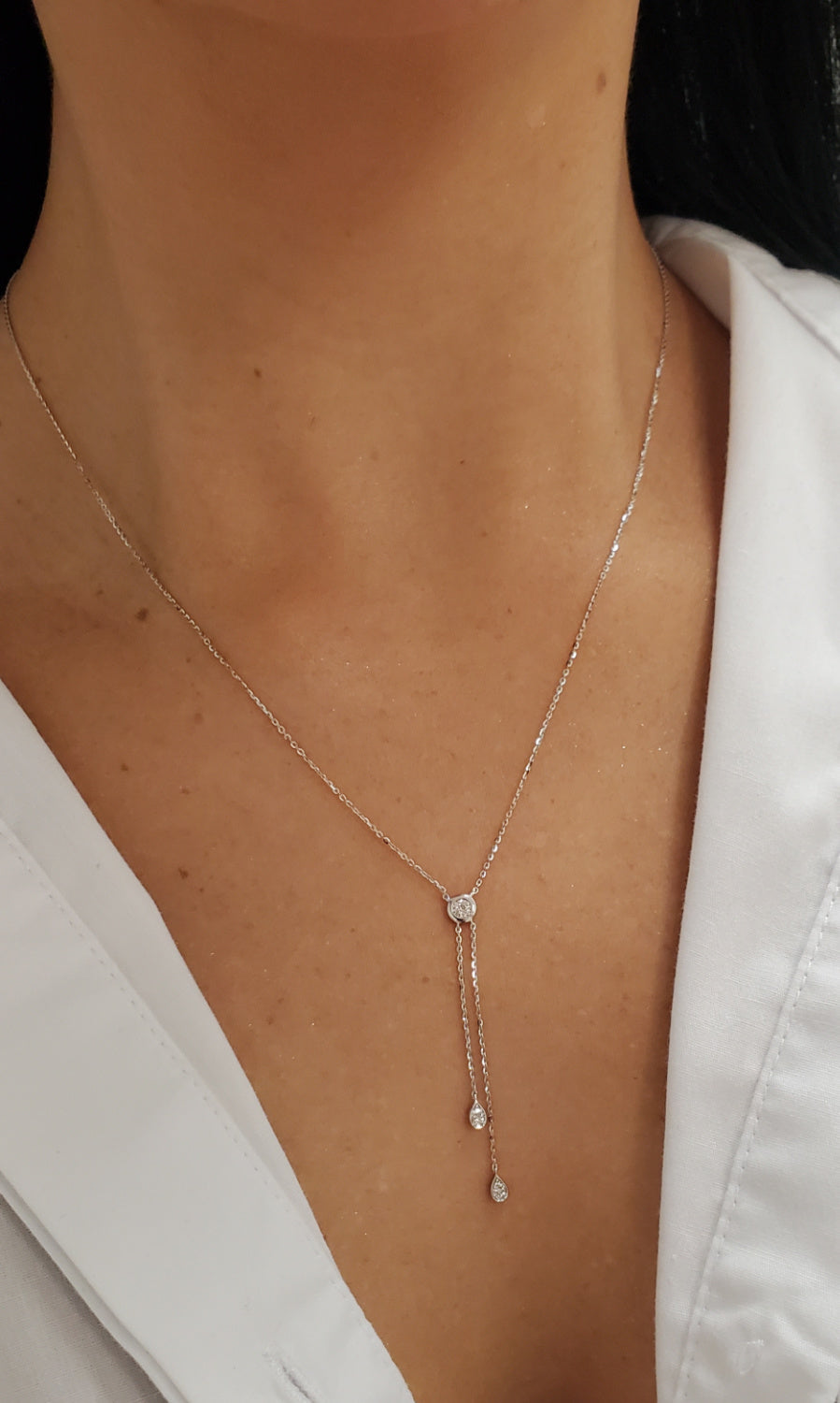 Diamond Bezel Double Tassel Drop Lariat Necklace