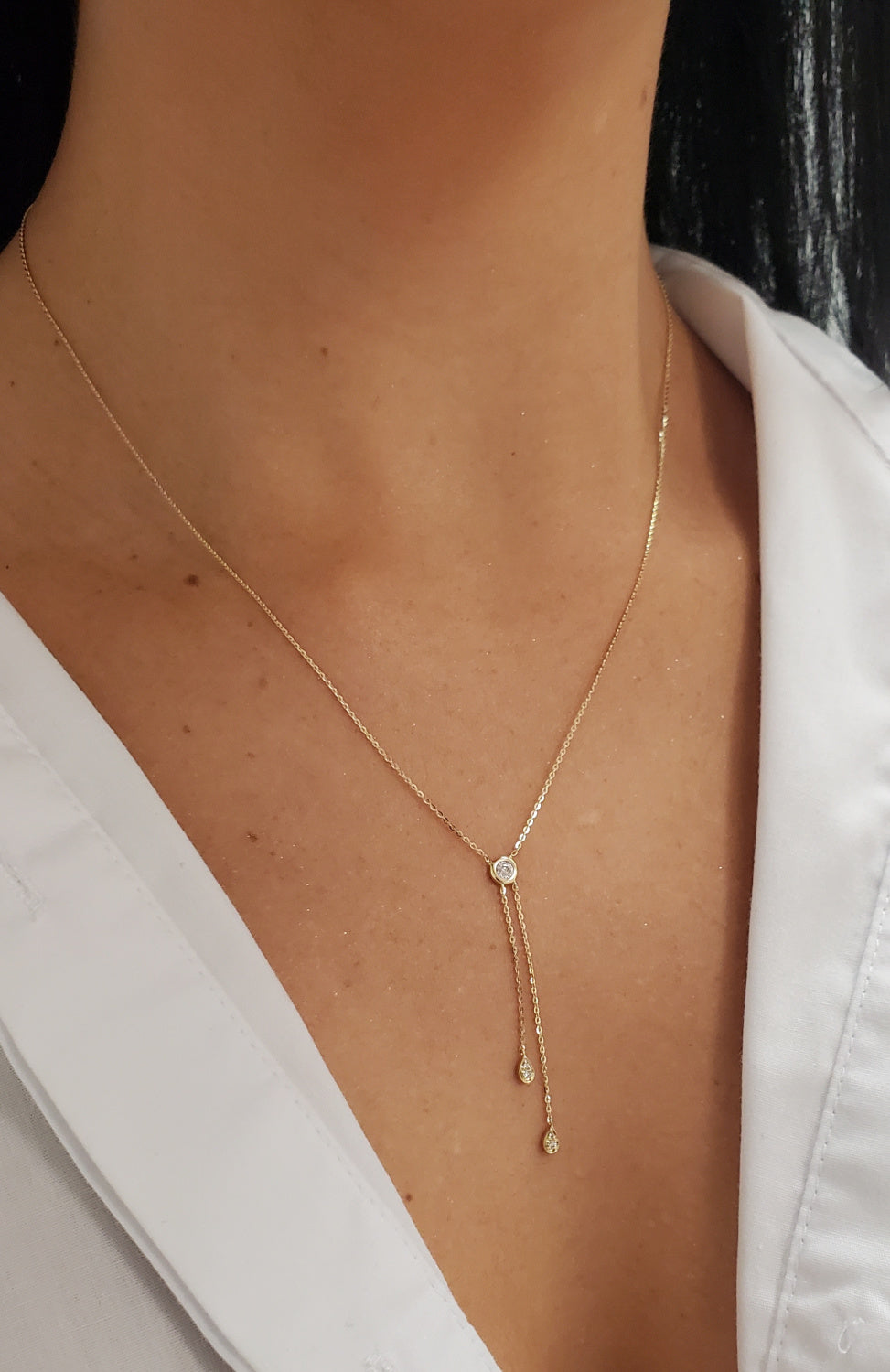 Diamond Bezel Double Tassel Drop Lariat Necklace