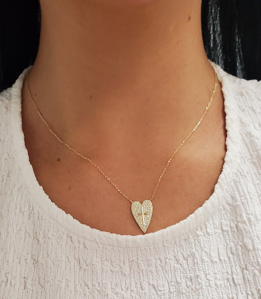 Diamond Pave Heart With Cross Center Necklace