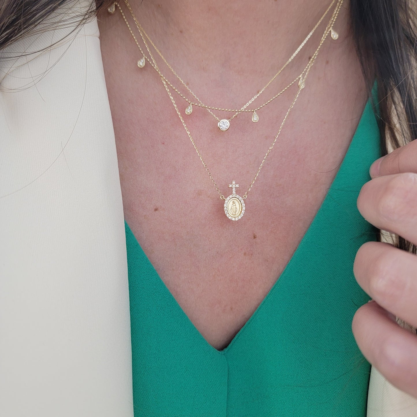 Diamond Halo Petite Miraculous Medal Necklace with Beacon Cross