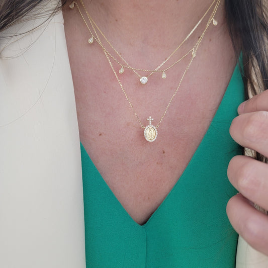 Diamond Halo Petite Miraculous Medal Necklace with Beacon Cross