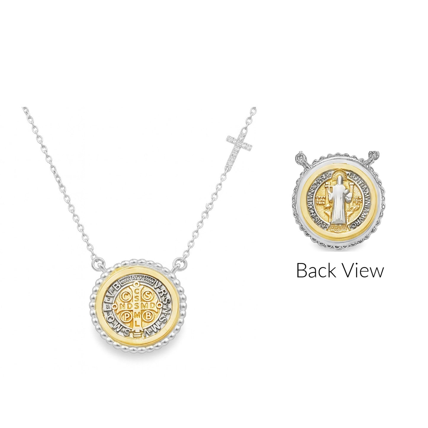 Beaded Border Saint Benedict Medal with Mini Diamond Accent Cross Necklace
