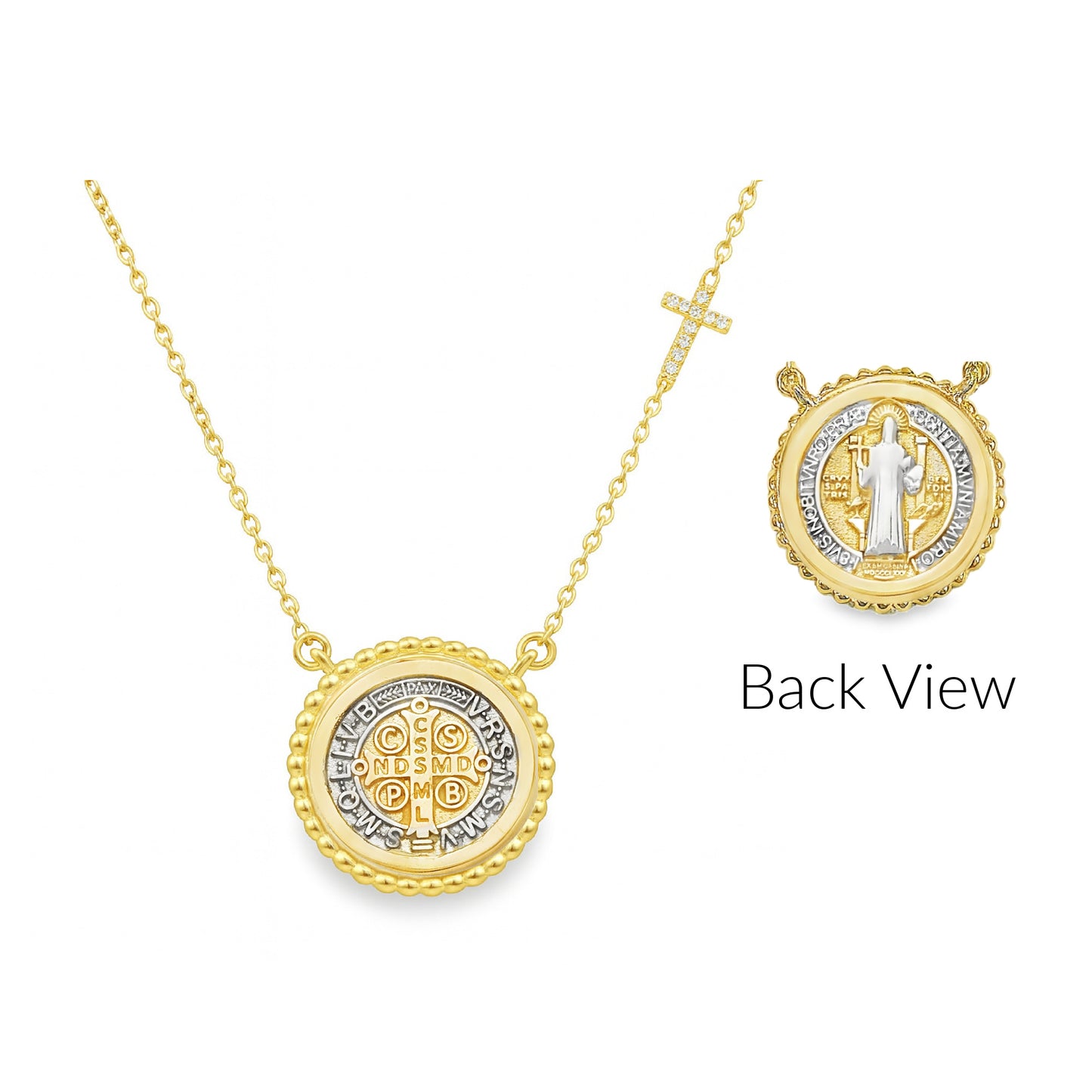 Beaded Border Saint Benedict Medal with Mini Diamond Accent Cross Necklace