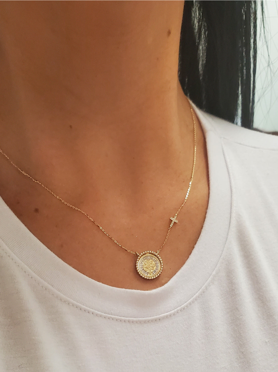 Beaded Border Saint Benedict Medal with Mini Diamond Accent Cross Necklace